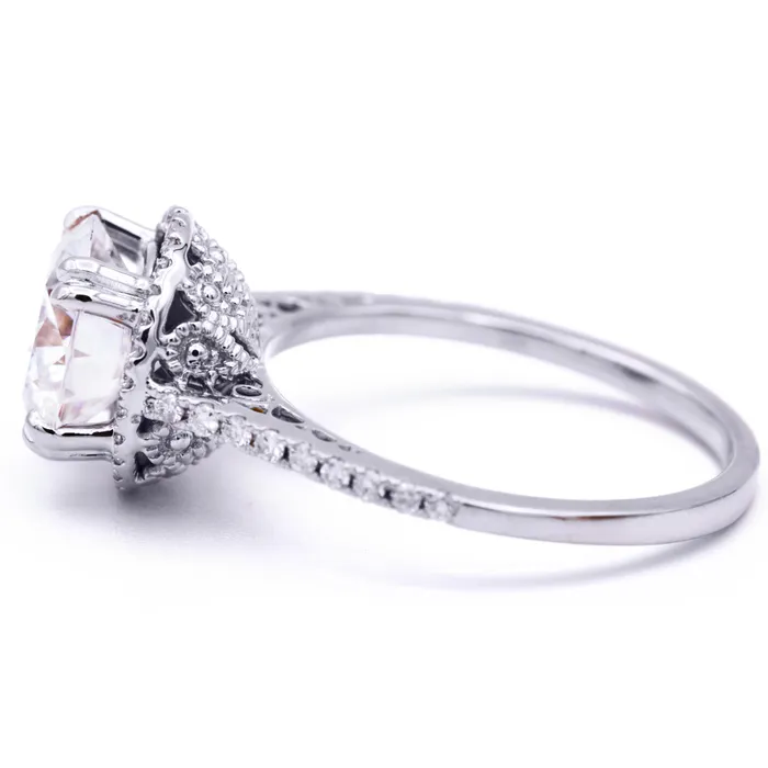 Rings Fire Brilliance 8mm Round Center 14K White Gold Diamond Halo Filigree and Milgrain Ring