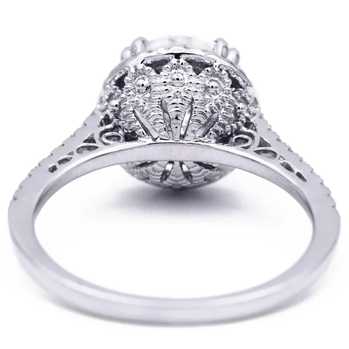 Rings Fire Brilliance 8mm Round Center 14K White Gold Diamond Halo Filigree and Milgrain Ring
