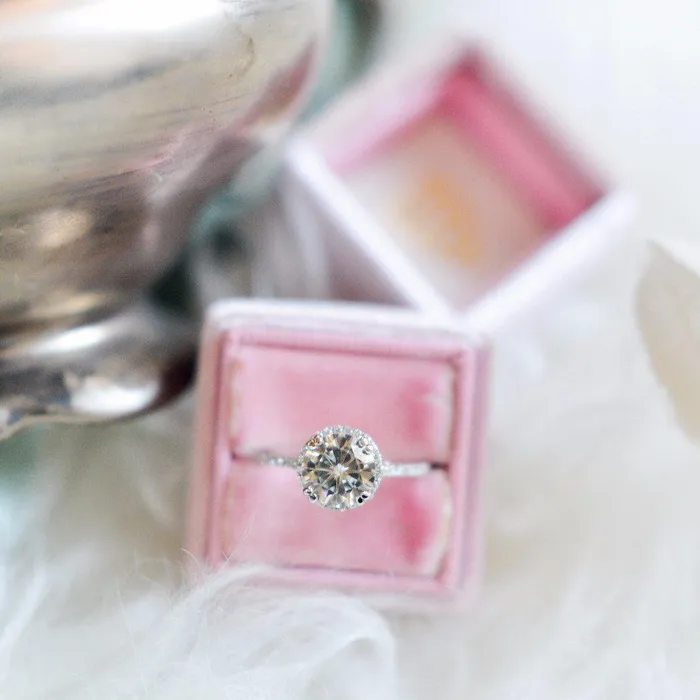 Rings Fire Brilliance 8mm Round Center 14K White Gold Diamond Halo Filigree and Milgrain Ring