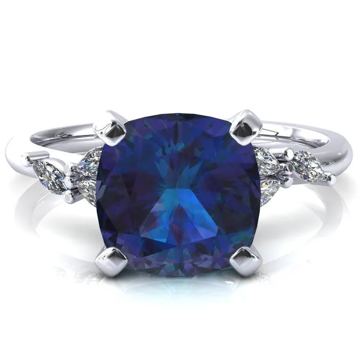 Rings Fire Brilliance Sigrid Cushion Alexandrite 4 Prong Marquise Diamond Side Ring Rings Fire Brilliance Sigrid Cushion Alexandrite 4 Prong Marquise Diamond Side Ring