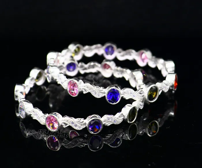TRIBAL ORNAMENTS Bracelets Amazing handmade design 925 sterling silver awesome multicolor stone bangle bracelet for brides best wedding collection from india ba170