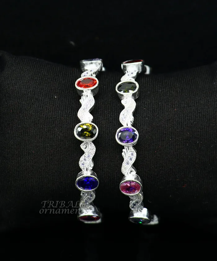 TRIBAL ORNAMENTS Bracelets Amazing handmade design 925 sterling silver awesome multicolor stone bangle bracelet for brides best wedding collection from india ba170