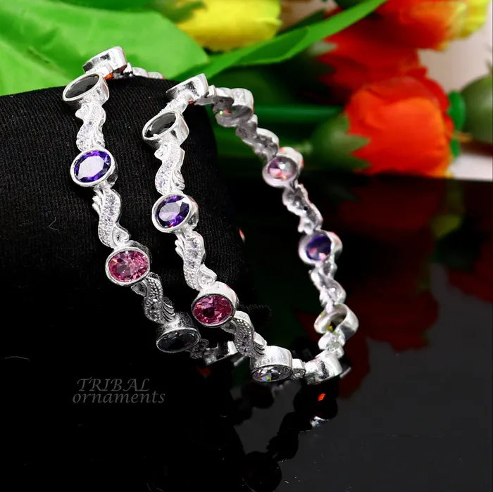 TRIBAL ORNAMENTS Bracelets Amazing handmade design 925 sterling silver awesome multicolor stone bangle bracelet for brides best wedding collection from india ba170