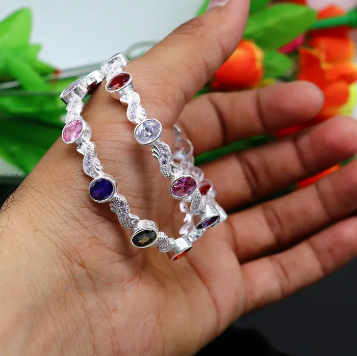 TRIBAL ORNAMENTS Bracelets Amazing handmade design 925 sterling silver awesome multicolor stone bangle bracelet for brides best wedding collection from india ba170
