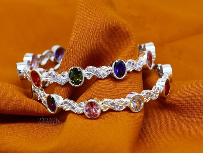 TRIBAL ORNAMENTS Bracelets Amazing handmade design 925 sterling silver awesome multicolor stone bangle bracelet for brides best wedding collection from india ba170