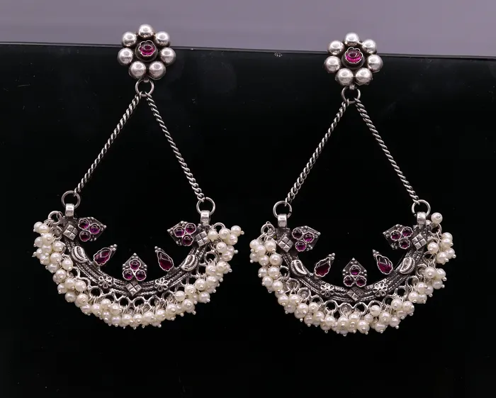 TRIBAL ORNAMENTS Earrings 925 sterling silver handmade stud earring chandbala jhumka with gorgeous pearl and dangling customized bridesmaid large earring jewelry s565 TRIBAL ORNAMENTS Earrings 925 sterling silver handmade stud earring chandbala jhumka with gorgeous pearl and dangling customized bridesmaid large earring jewelry s565