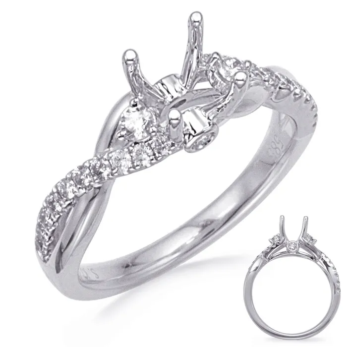 14K White Gold Semi Mount Diamond Ring with Round Diamond Side Stone and Crossover Shank Engagement Collections Rings 14K White Gold Semi Mount Diamond Ring with Round Diamond Side Stone and Crossover Shank Engagement Collections Rings