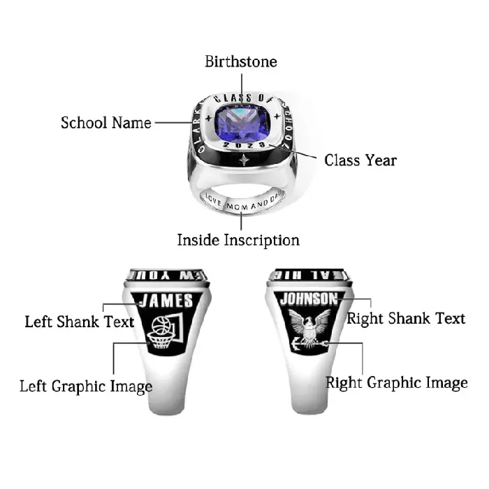 Belbren Rings Personalized Mens Class Ring Custom Engraved for High School College University Graduation Available in Silver Gold and Rose Gold