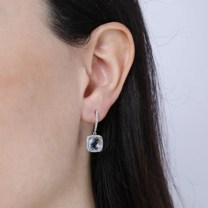 Blue Topaz Diamond 14K White Gold Cushion Drop Earrings Croghans Earrings