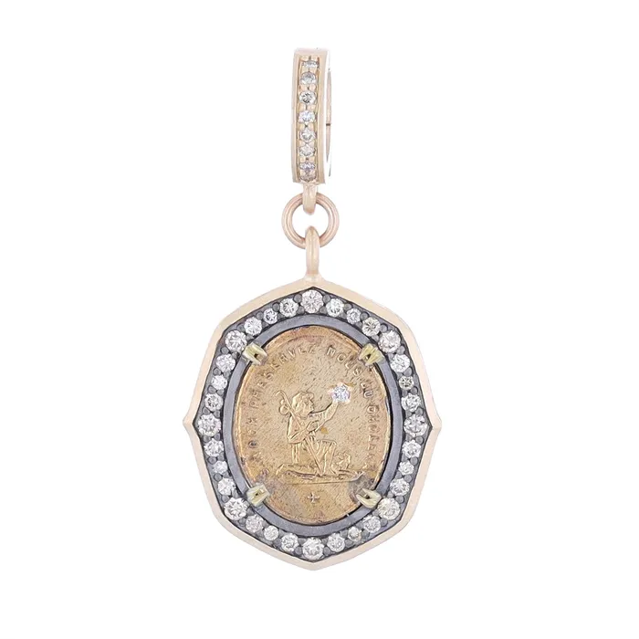 Cynthia Ann Necklaces Cynthia Ann Blackened Sterling Silver and 14K Yellow Gold Antique St Hubert Guardian Angel Medal Diamond Pendant Cynthia Ann Necklaces Cynthia Ann Blackened Sterling Silver and 14K Yellow Gold Antique St Hubert Guardian Angel Medal Diamond Pendant