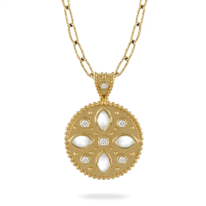 Doves Doves 18K Yellow Gold Diamond Pendant with Cabochon Cut Clear Quartz over Mother of Pearl Necklaces