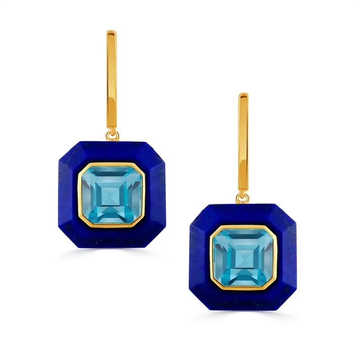 Doves Earrings Doves 18K Yellow Gold Octagon Sky Blue Topaz with Blue Lapis Border Dangle Hoop Earrings Doves Earrings Doves 18K Yellow Gold Octagon Sky Blue Topaz with Blue Lapis Border Dangle Hoop Earrings