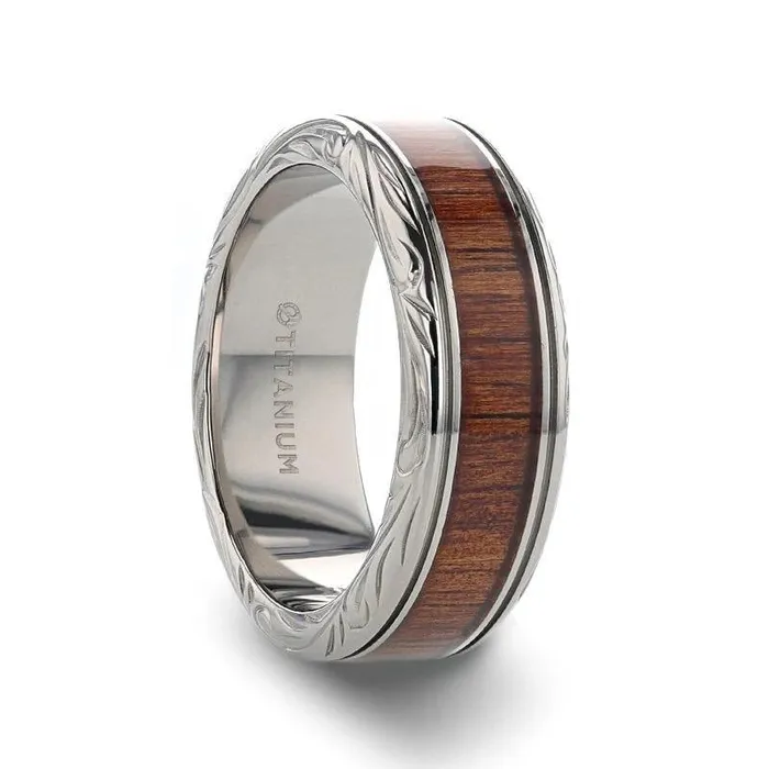 Koa Wood Inlaid Titanium Ring with Intricate Edges Mens Bands Rings