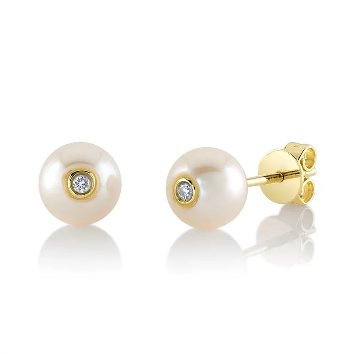 Meierotto Jewelers 14K Yellow Gold Cultured Pearl with Inserted Bezel Set Diamond Stud Earrings Earrings