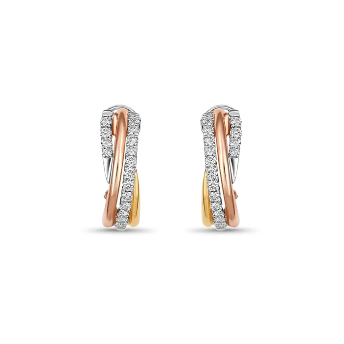 Meierotto Jewelers Earrings 14K Tri Gold Diamond Crossover Hoop Earrings Meierotto Jewelers Earrings 14K Tri Gold Diamond Crossover Hoop Earrings
