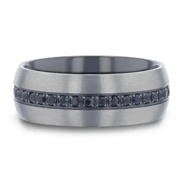 Mens Bands Rings Domed Brushed Titanium 8mm Band with Black Sapphire