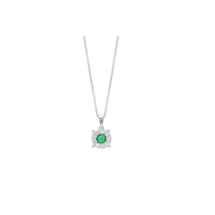 Necklaces Meierotto Jewelers 14K White Gold Round Emerald with Diamond Halo Pendant Necklaces Meierotto Jewelers 14K White Gold Round Emerald with Diamond Halo Pendant
