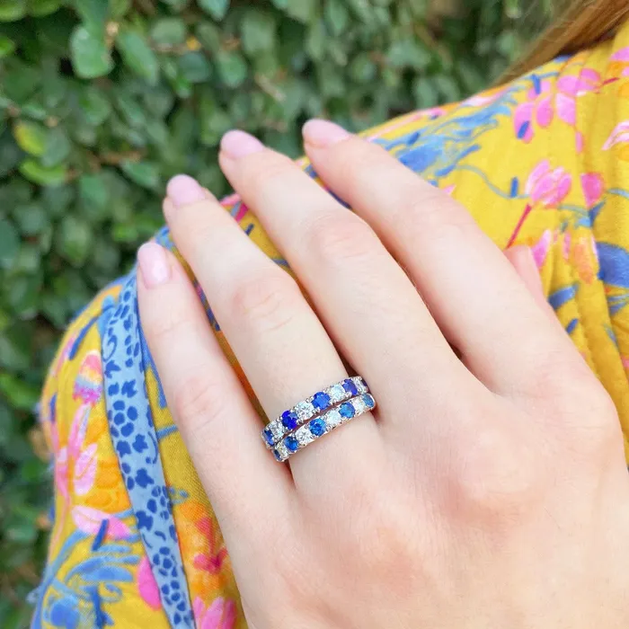 Rings Croghans Round Sapphire Diamond 14K White Gold Eternity Band