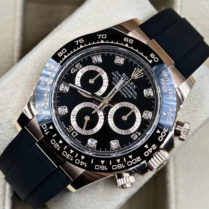 Rolex Bracelets Rolex Cosmograph Daytona 40mm Ref 116515ln0057 Black Diamond Dial Ceramic Bezel 18K Rose Gold Case Black Oysterflex Bracelet Mens Watch