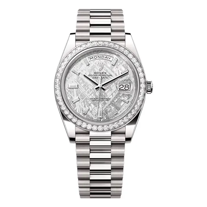 Rolex Day Date 40mm Ref 228349rbr0040 Meteorite Diamond Dial Diamond Bezel 18K White Gold President Bracelet Mens Watch Rolex Bracelets Rolex Day Date 40mm Ref 228349rbr0040 Meteorite Diamond Dial Diamond Bezel 18K White Gold President Bracelet Mens Watch Rolex Bracelets