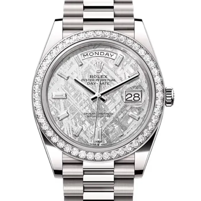 Rolex Day Date 40mm Ref 228349rbr0040 Meteorite Diamond Dial Diamond Bezel 18K White Gold President Bracelet Mens Watch Rolex Bracelets