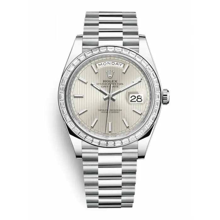 Rolex Day Date 40mm Ref 228396tbr0022 Silver Stripe Motif Stick Dial Diamond Bezel Platinum President Bracelet Mens Watch Rolex Bracelets Rolex Day Date 40mm Ref 228396tbr0022 Silver Stripe Motif Stick Dial Diamond Bezel Platinum President Bracelet Mens Watch Rolex Bracelets
