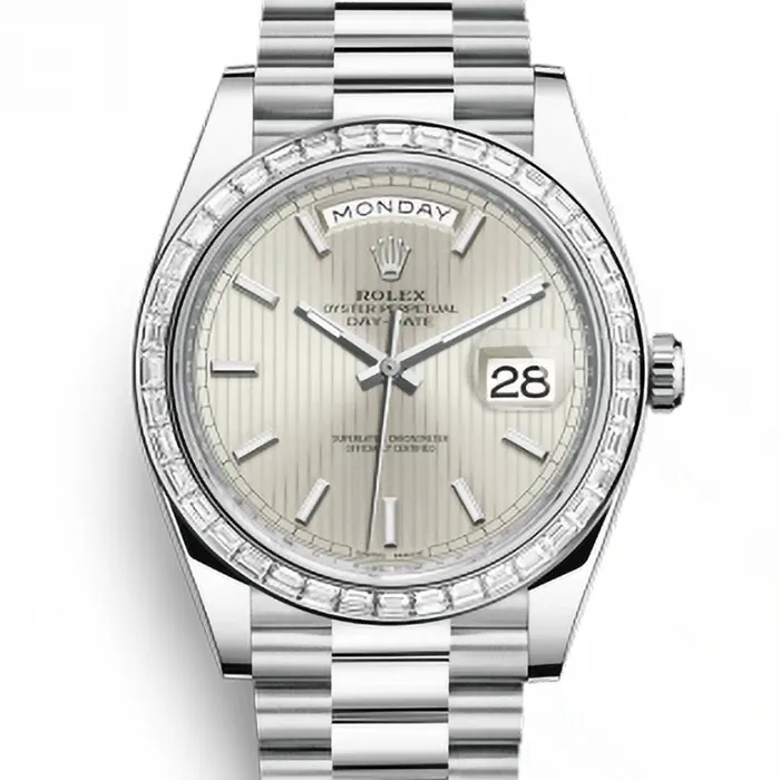 Rolex Day Date 40mm Ref 228396tbr0022 Silver Stripe Motif Stick Dial Diamond Bezel Platinum President Bracelet Mens Watch Rolex Bracelets