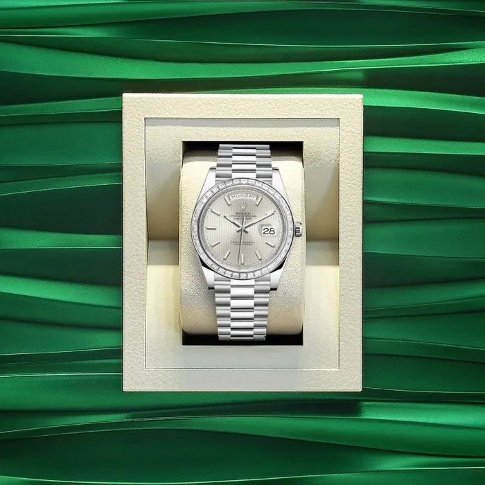 Rolex Day Date 40mm Ref 228396tbr0022 Silver Stripe Motif Stick Dial Diamond Bezel Platinum President Bracelet Mens Watch Rolex Bracelets