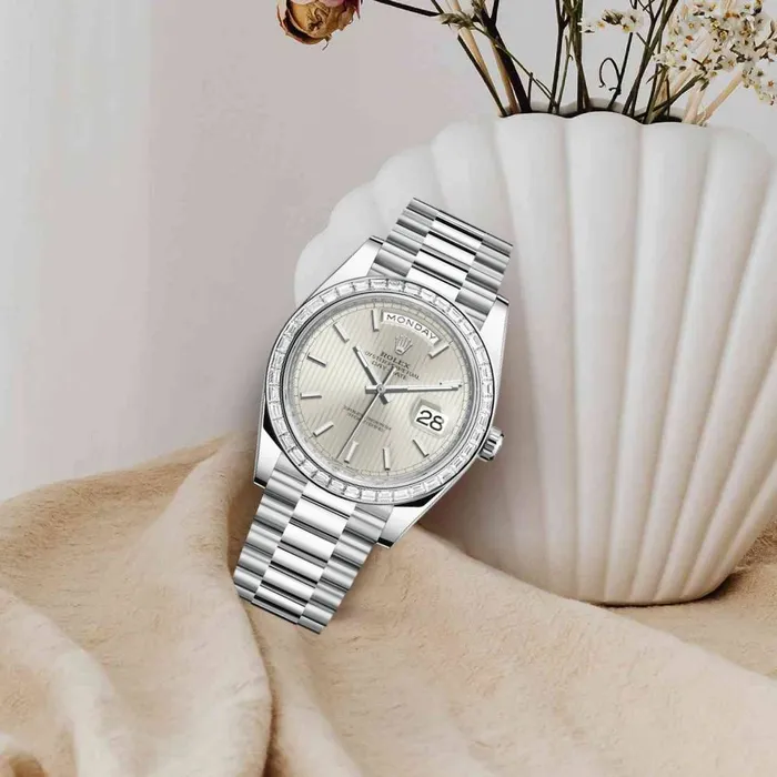 Rolex Day Date 40mm Ref 228396tbr0022 Silver Stripe Motif Stick Dial Diamond Bezel Platinum President Bracelet Mens Watch Rolex Bracelets