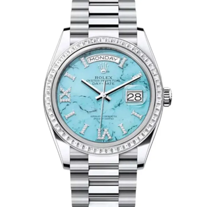 Rolex Rolex Day Date 36mm Ref 128396TBR Tiffany Blue Turquoise Diamond Dial Diamond Bezel 18K White Gold President Bracelet Watch Bracelets