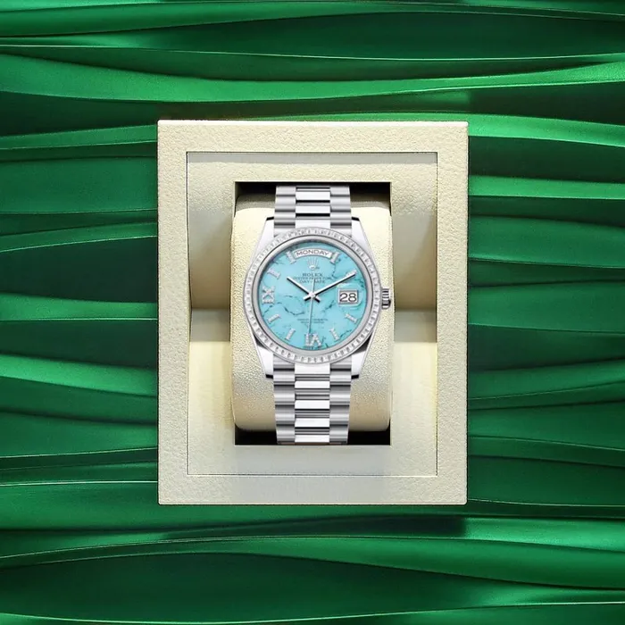 Rolex Rolex Day Date 36mm Ref 128396TBR Tiffany Blue Turquoise Diamond Dial Diamond Bezel 18K White Gold President Bracelet Watch Bracelets