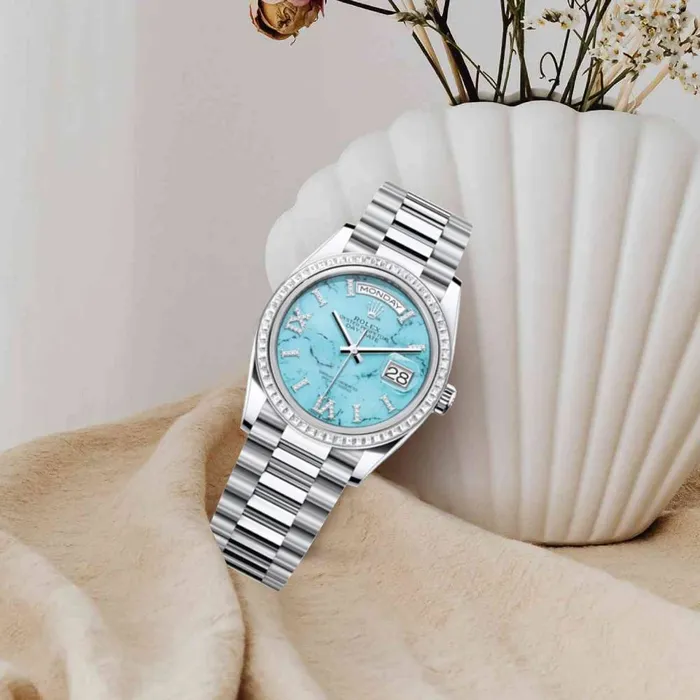 Rolex Rolex Day Date 36mm Ref 128396TBR Tiffany Blue Turquoise Diamond Dial Diamond Bezel 18K White Gold President Bracelet Watch Bracelets