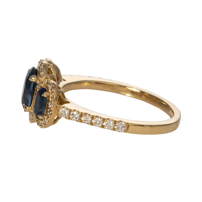 ThreeStone Oval Sapphire Diamond Halo 14K Yellow Gold Ring Croghans Rings