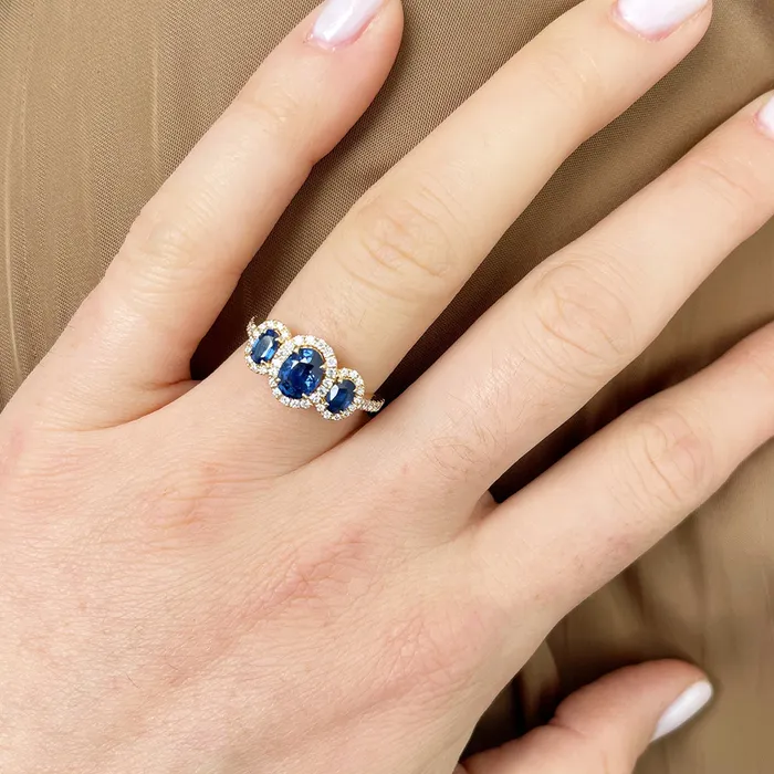 ThreeStone Oval Sapphire Diamond Halo 14K Yellow Gold Ring Croghans Rings