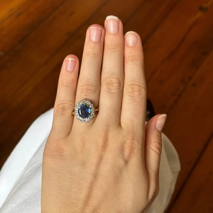 Victorian Style 385ct Oval Blue Sapphire Diamond Cluster Ring Croghans Rings