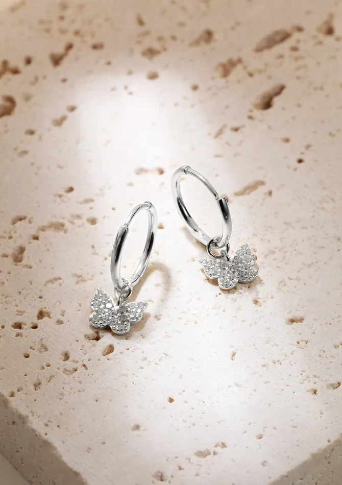 Butterfly Charm Hoop Earrings Sterling Silver Hey Happiness Earrings