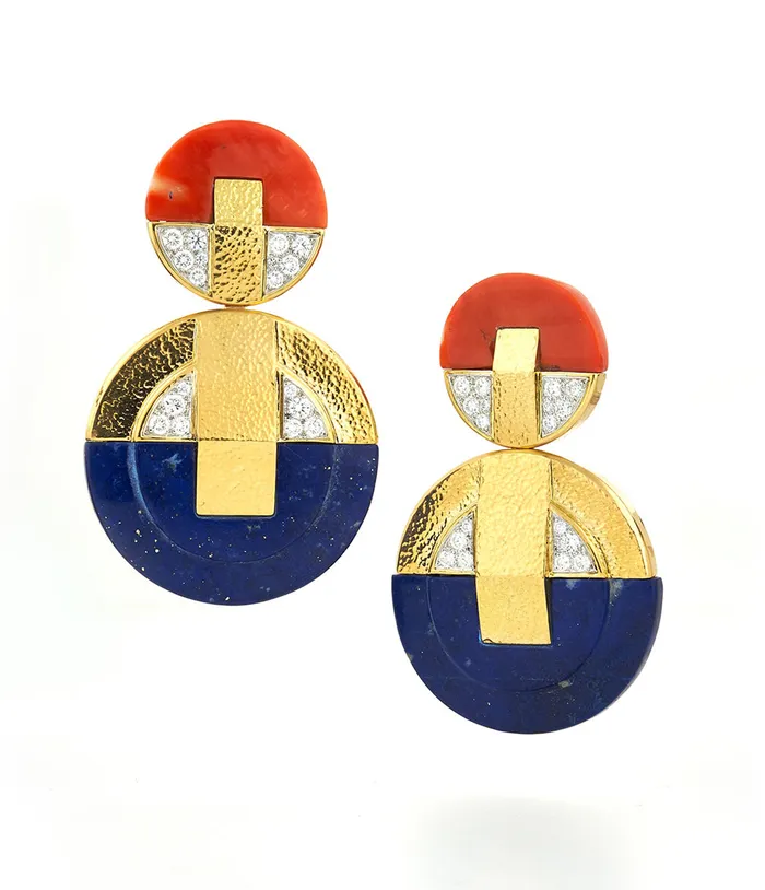 David Webb Workshop Earrings Discus Earrings Lapis Lazuli and Coral