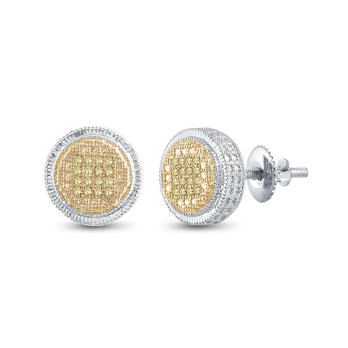 Earrings GND GND Sterling Silver Mens Round Yellow Diamond Disk Circle Earrings 110 Cttw Earrings GND GND Sterling Silver Mens Round Yellow Diamond Disk Circle Earrings 110 Cttw