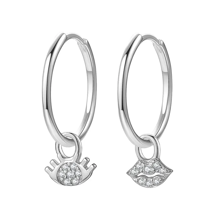 Earrings Hey Happiness Eyes and Lips Charm Hoop Earrings Sterling Silver