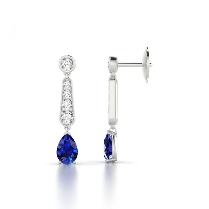 GB Ceylon Sapphire And Natural Earth Mined Diamonds Dangle Earrings Gold White 6 Carats Earrings GB Ceylon Sapphire And Natural Earth Mined Diamonds Dangle Earrings Gold White 6 Carats Earrings