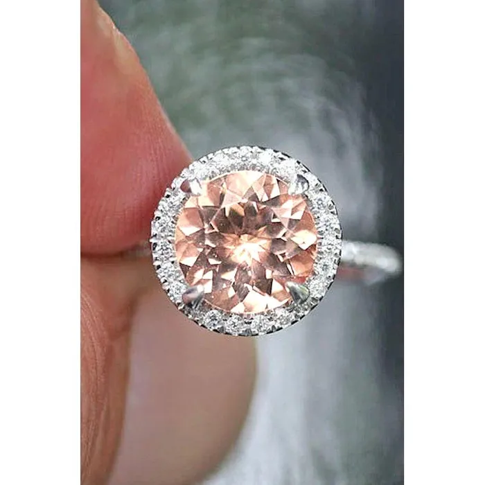 GB Rings Halo Morganite And Natural Earth Mined Diamonds 1550 Carats Ring White Gold 14K GB Rings Halo Morganite And Natural Earth Mined Diamonds 1550 Carats Ring White Gold 14K