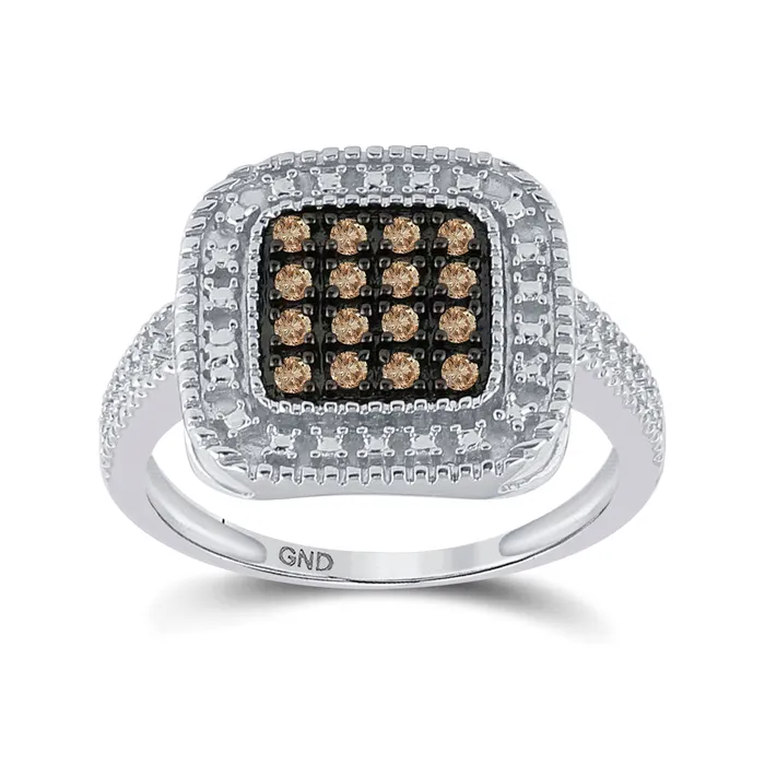 GND GND Sterling Silver Womens Round Brown Diamond Square Cluster Ring 15 Cttw Rings GND GND Sterling Silver Womens Round Brown Diamond Square Cluster Ring 15 Cttw Rings