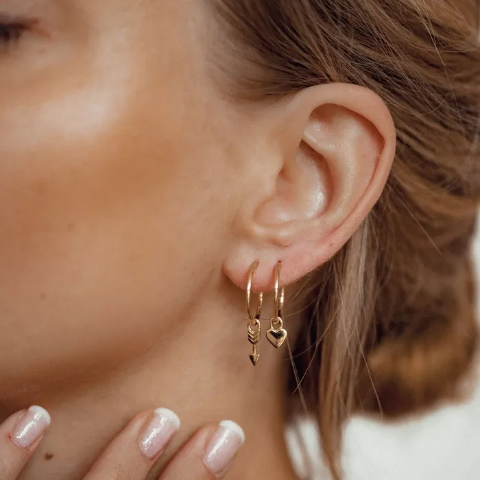 Heart and Arrow Charm Hoop Earrings Sterling Silver Gold Hey Happiness Earrings