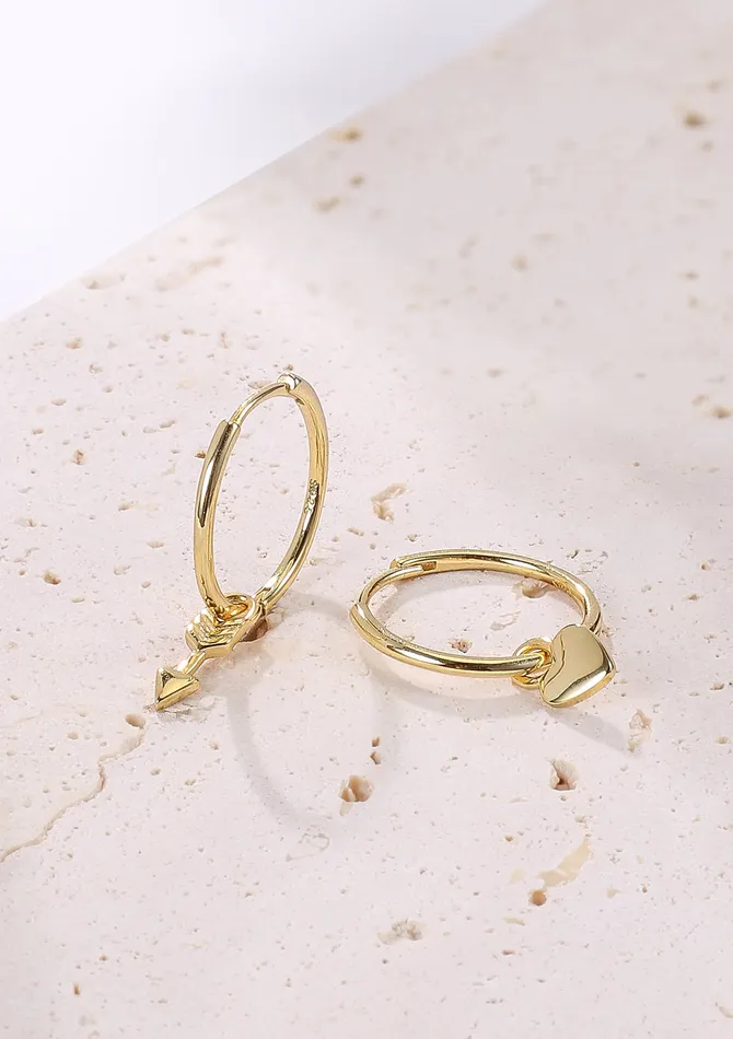 Heart and Arrow Charm Hoop Earrings Sterling Silver Gold Hey Happiness Earrings