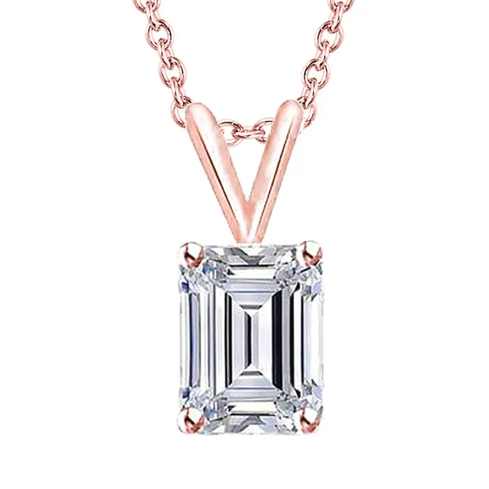 Necklaces Emerald Cut Solitaire Natural Earth Mined Diamond Pendant Necklace 150 Ct Rose Gold 14K GB