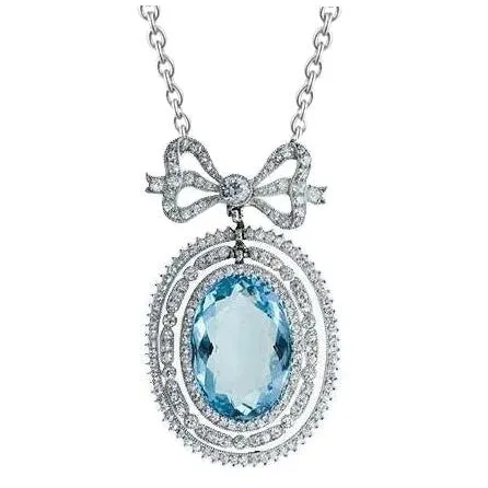 Necklaces GB 1225 Carats Oval Aquamarine With Natural Earth Mined Diamonds Pendant White Gold 14K