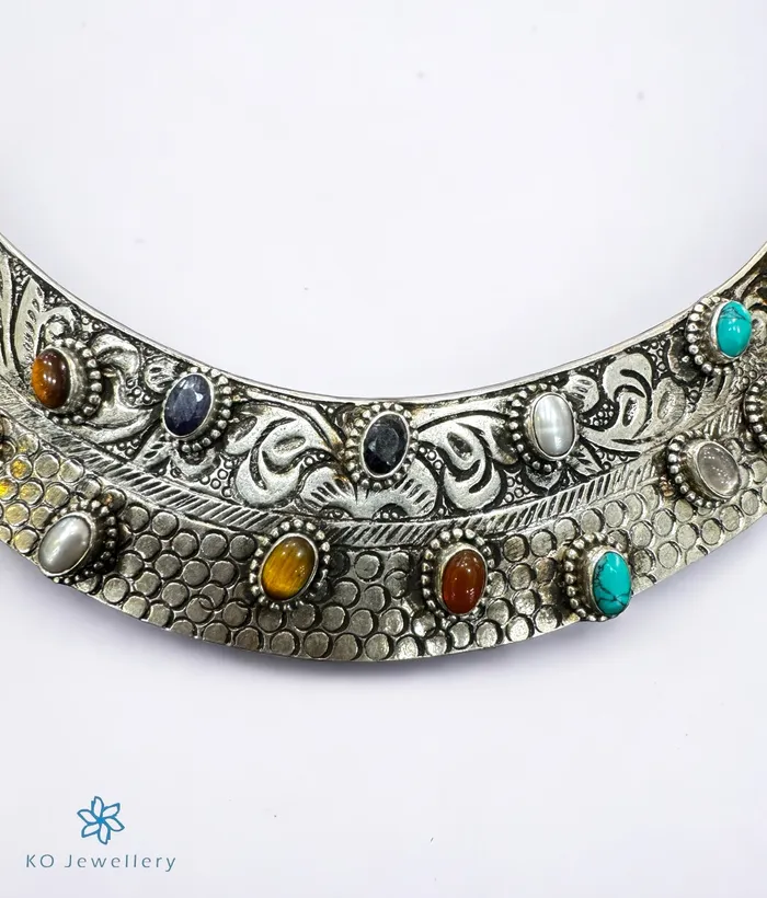 Necklaces Jaipur The Multi Gemstone Silver Antique Hasli Necklace