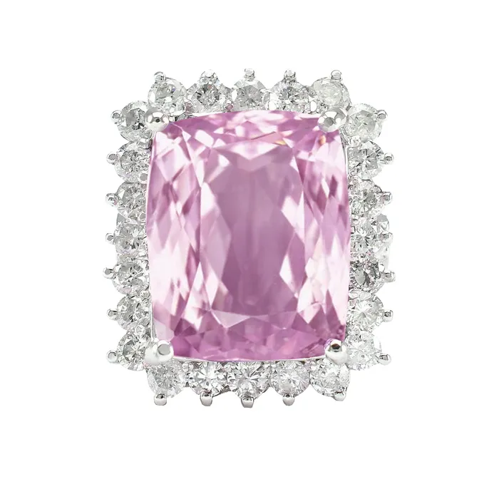 Rings 21 Carats Pink Kunzite With Natural Earth Mined Diamond Halo Ring White Gold 14K GB Rings 21 Carats Pink Kunzite With Natural Earth Mined Diamond Halo Ring White Gold 14K GB