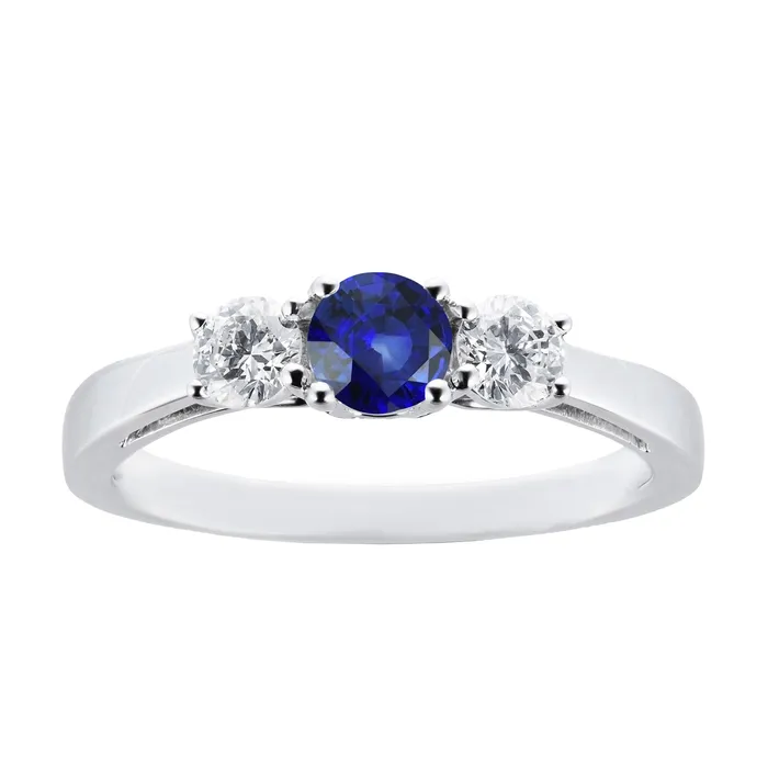 Round Natural Earth Mined Diamond Ceylon Sapphire Ring 3 Carats 3 Stone White Gold 14K HarryChadEntcom Rings