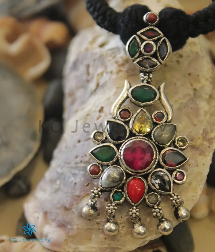 Silversmith Necklaces The Raaga Silver Navratna Thread Necklace Oxidised Silversmith Necklaces The Raaga Silver Navratna Thread Necklace Oxidised